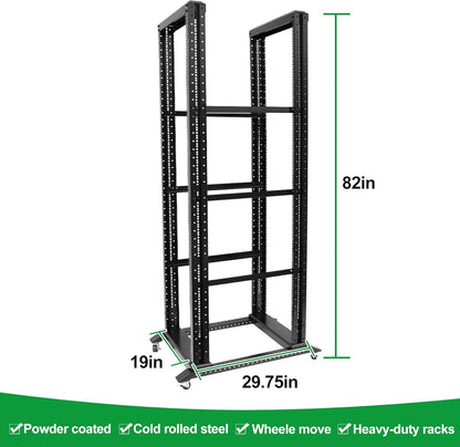 42U Server Rack/4-Post 19in Network Rack/Open Frame Rack with Wheels, Heavy-Duty Frame Cabinet/Adjustable Depth 29.75-27.75in GLOBALRACK，(4POST-1000-42U)