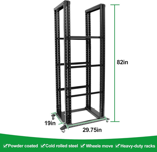 42U Server Rack/4-Post 19in Network Rack/Open Frame Rack with Wheels, Heavy-Duty Frame Cabinet/Adjustable Depth 29.75-27.75in GLOBALRACK，(4POST-1000-42U)
