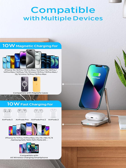 2-in-1 Magsafe Charger Stand, Zinc Alloy Foldable Magnetic Wireless Charger, 20W Portable Fast Wireless Charging Station for iPhone 15/14/13/12 Series, AirPods 3/Pro/2