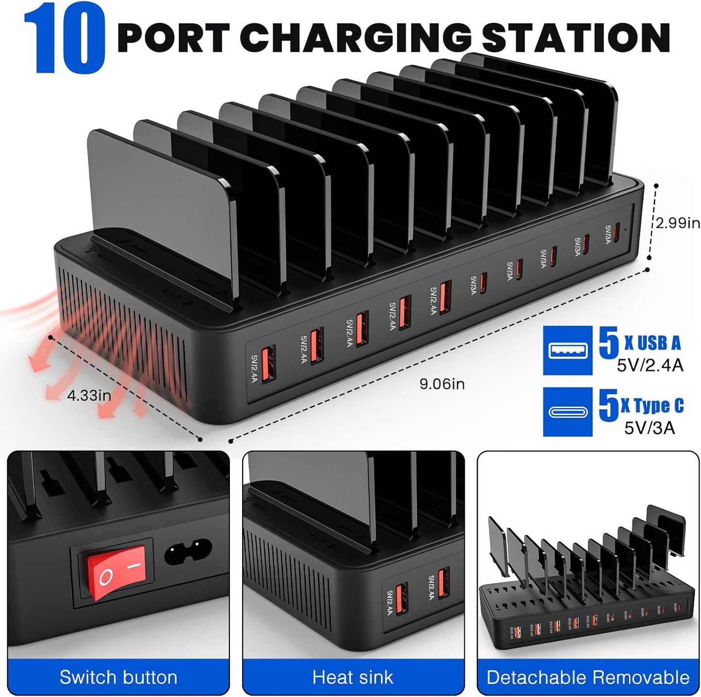 Charging Station for Multiple Devices, 100W 10 Ports Flat Plug Charging Dock with 10 Cables Smart IC Tech and Adjustable Dividers Type-C，Multi USB Charger for iPhone Galaxy iPad Tablet，Black