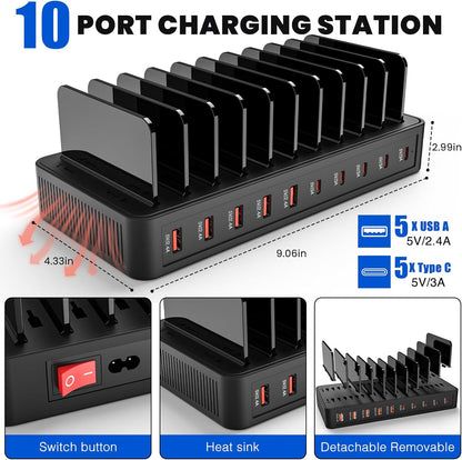 Charging Station for Multiple Devices, 100W 10 Ports Flat Plug Charging Dock with 10 Cables Smart IC Tech and Adjustable Dividers Type-C，Multi USB Charger for iPhone Galaxy iPad Tablet，Black