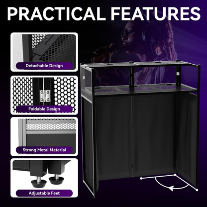 Portable DJ Booth Table,Foldable DJ Table Stand with White & Black Scrim,Adjustable DJ Facade Booth Station Metal Frame with Cable Hole for Private Events, Clubs, Bars (40x20 Double Deck)