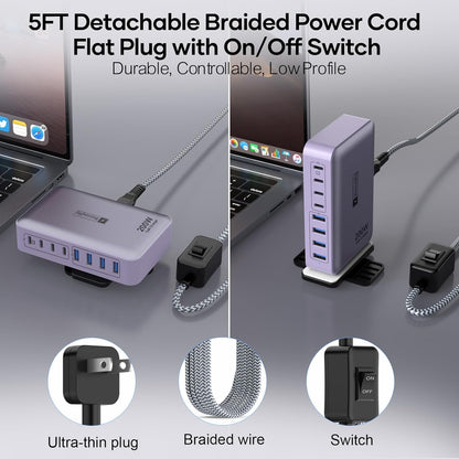 8-Port Type C Fast Charger Block 200W with Flat Plug, Braided Power Cord, and On/Off Switch- USB Charging Hub for iPhone, iPad, MacBook and More- 65W C Port Power Adapter for Laptops