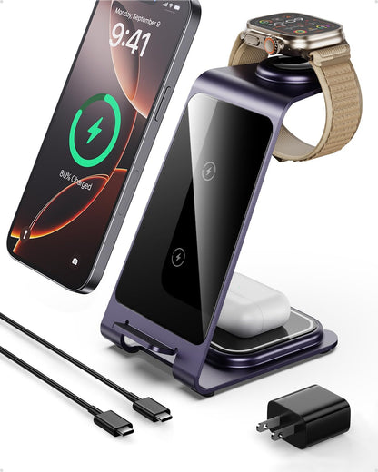 Intoval 3 in 1 Wireless Charging Station for iPhone 16 15 14 13 12 11 X Pro Max, Wireless Charger for Apple Watch 10 Ultra 3 SE 9 8 7 6 5 4 3 2, for AirPods 4 Pro Pro 2 3 (Y93, Purple)