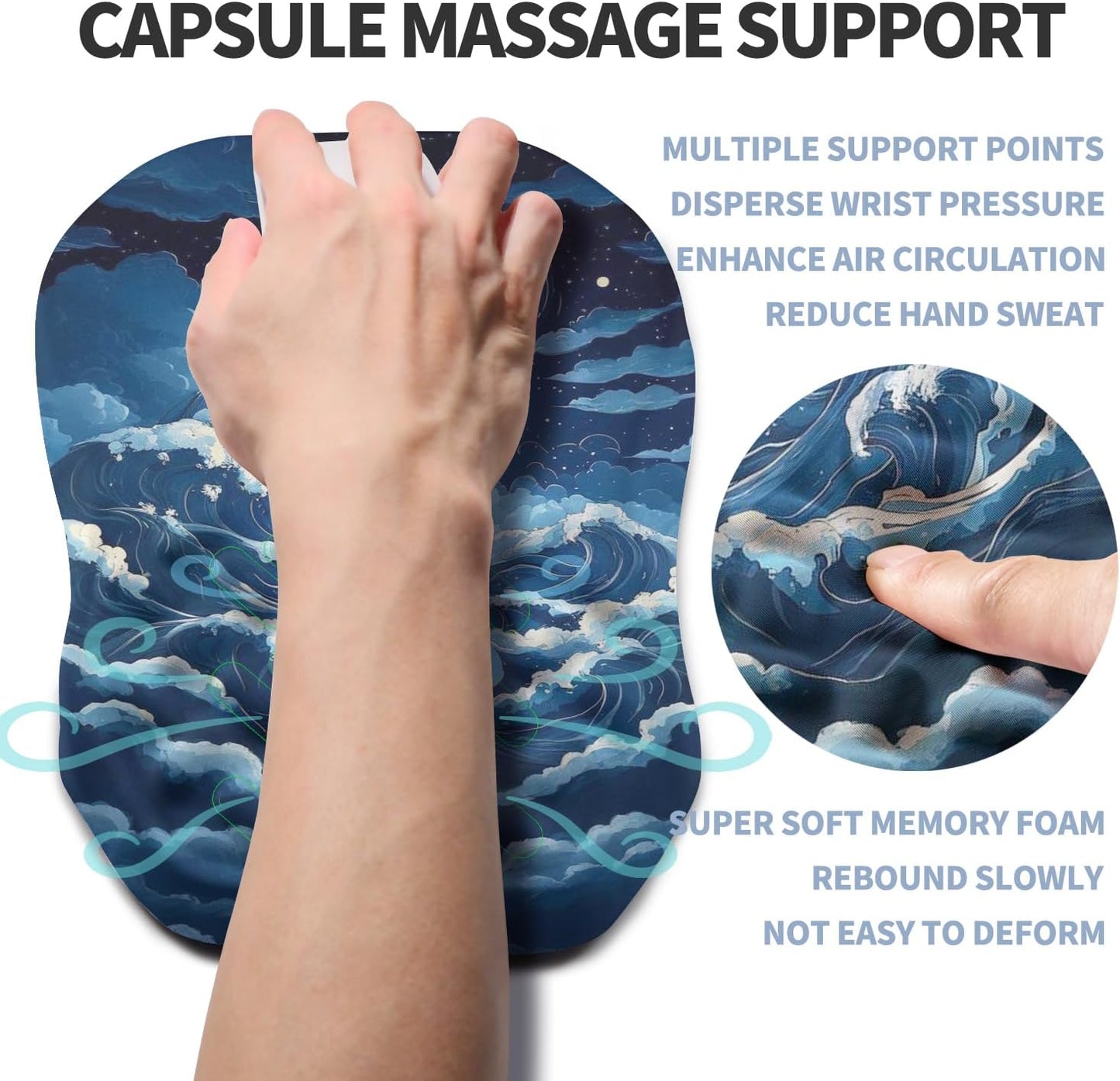 Ergonomic Raised Mouse Pad Wrist Support with Bilateral Slope Memory Foam Mousepad for Wrist Rest and Carpal Tunnel Pain Relief 11.8x7.9〃Indigo Fury Wave