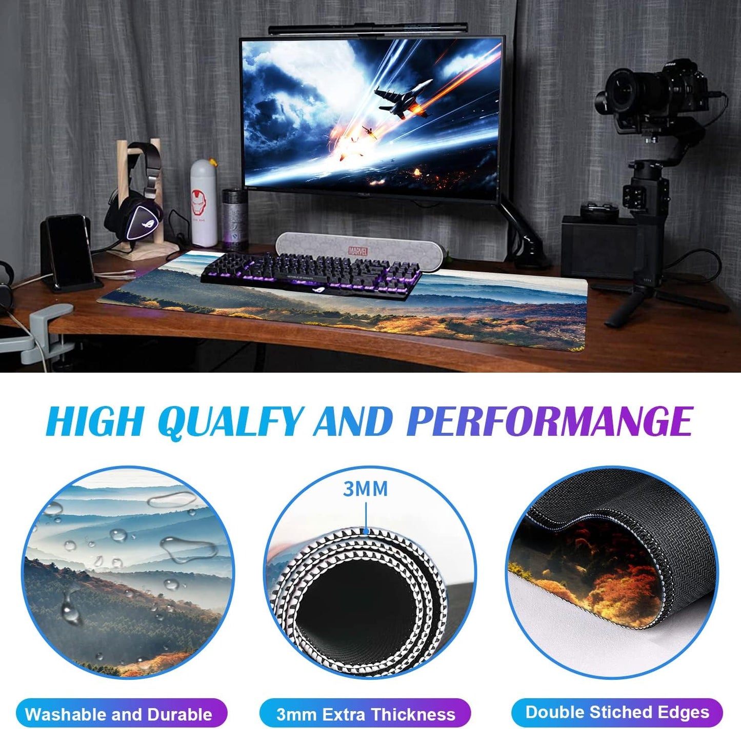 Large Extended Gaming Mouse Pad with Stitched Edges, Non-Slip Waterproof Rubber Base Mouse Pad for Office, Computer, Keyboard, Laptop and Home Desk Pad 35.4 x 15.7 x 0.12 Inch (Mountain Landscape)
