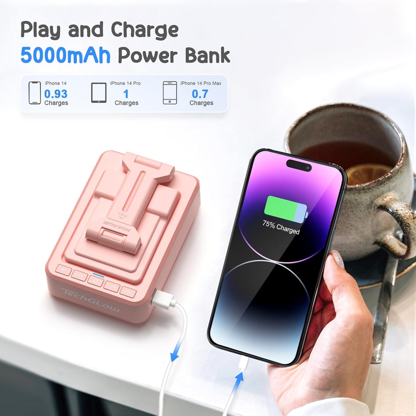 TechGlow Gifts for Men Women Foldable Cellphone Stand with Bluetooth Speaker and Power Bank Birthday Gift Idea for Mom Dad Cool Gadget Tech Gifts-Pink