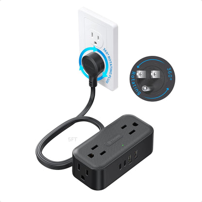 TROND 360° Rotating Flat Plug Power Strip, 5FT Extension Cord with 4 USB Ports, 4 Wide Spaced AC Outlets, Wall Mount, 900J Surge Protector for Office Travel Dorm Room Essentials, Black