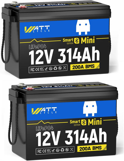Mini LiFePO4 Lithium Battery 12V 314Ah 2 Pack Built-in 200A BMS & Bluetooth, 4.01kWh Energy, Perfect for Off-Grid, RV, Solar System, Camper, Travel Trailer
