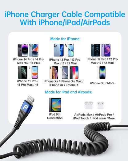 iPhone Charger Cable for Car 3FT, 2Pack Coiled Lightning Cable, [Apple MFi Certified] Retractable Charging Cord Compatible with iPhone 14/13/12/11 Pro Max/XS MAX/XR/XS/8/iPad/iPod/CarPlay-Blue