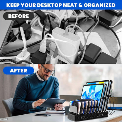 Charging Station for Multiple Devices, 100W 10 Ports Flat Plug Charging Dock with 10 Cables Smart IC Tech and Adjustable Dividers Type-C，Multi USB Charger for iPhone Galaxy iPad Tablet，Black