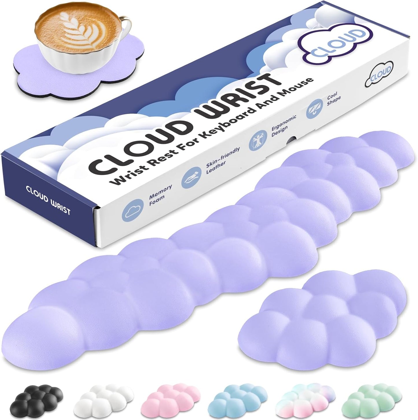 Cloud Wrist Rest for Keyboard and Mouse, Memory Foam PU Leather Keyboard Wrist Rest with Ergonomic Support, Non-Slip Base, Cute Arm Rest Pad & Palm Cushion, Office Desk Accessory, Purple