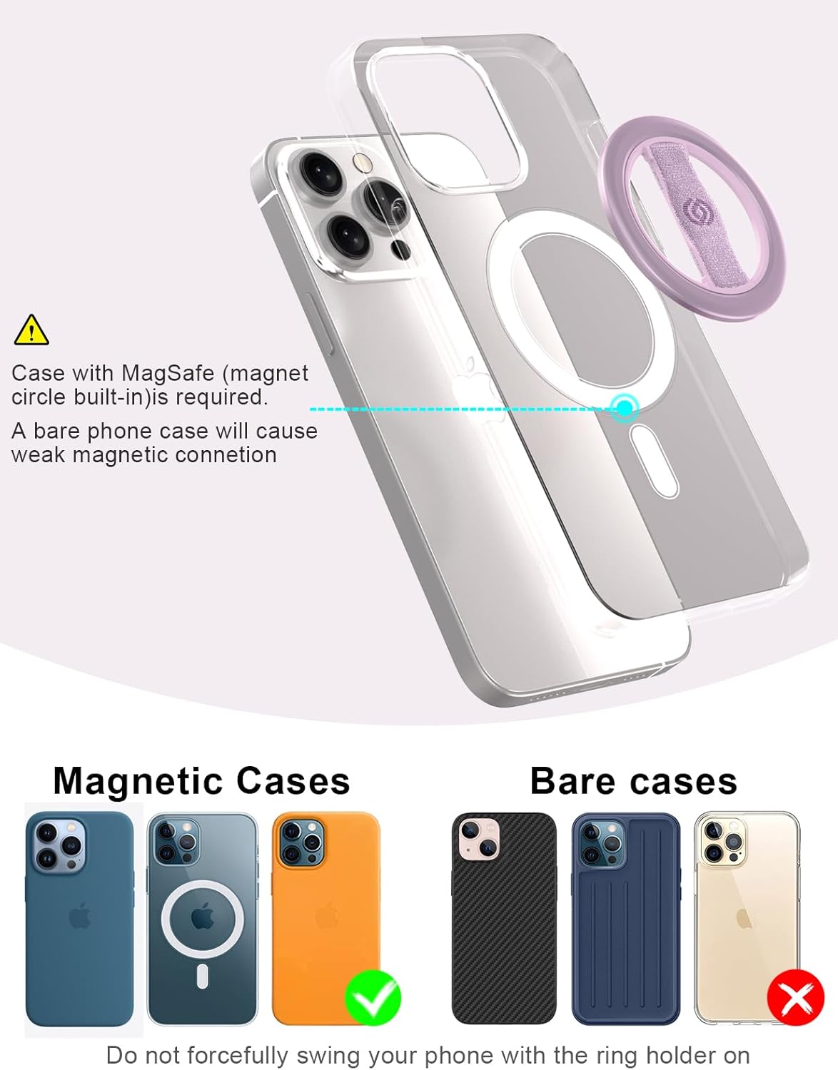 EWA MagOne Lite 3rd Gen Cell Phone Ring Holder, with Replaceable 360° Rotation Elastic Finger Strap, Phone Grip Compatible with,15,14,13 Pro/Max/Plus-(Purple)