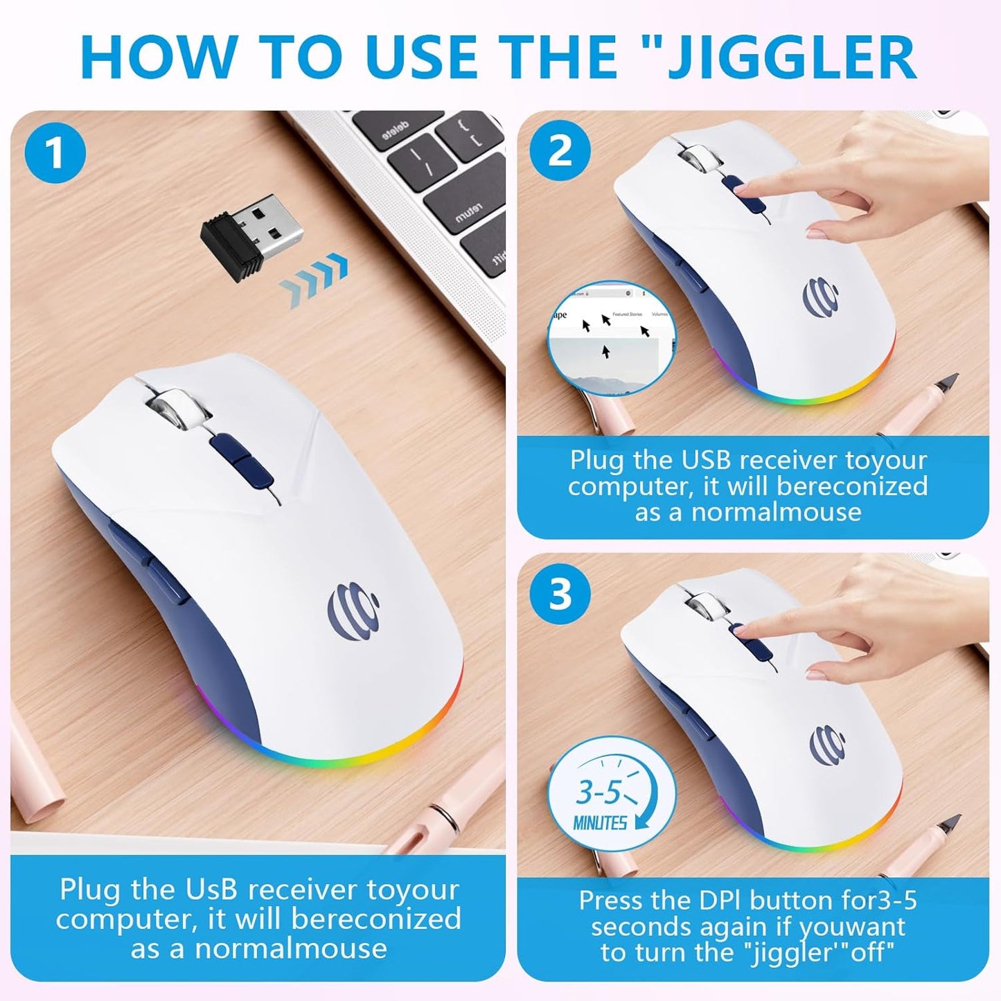 Wireless Bluetooth Mouse, 2.4G and Bluetooth 5.2 Ergonomic Rechargeable USB Optical Mouse, 3 Adjustment DPI，1600 DPI Dual Mode Silent Wireless Mouse for Mac，Laptop, PC, Windows.(White)