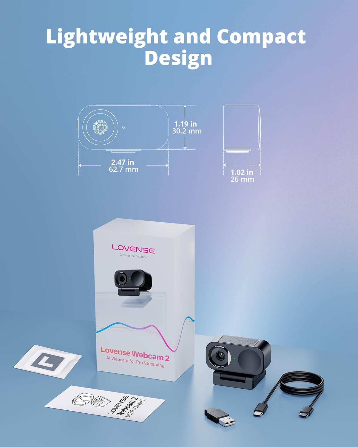 LOVENSE Webcam 2 4k for PC, Live Streaming Camera 1/2" Sensor True Focus Al Noise Canceling, Hand Gesture Control, Mobile Control, Auto Framing, Customizable Audio Modes, Microphones, Privacy Control