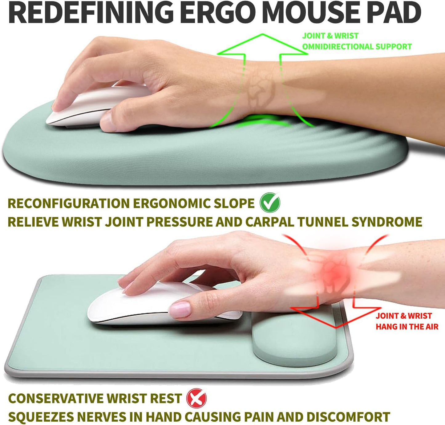 Hokafenle Ergonomic Mouse Pad Wrist Support, Terraced Slope Carpal Tunnel Wrist Pad for Mouse with Unibody Memory Foam, Wrist Rest Pain Relief Mousepad (Light Cyan, 11.8x7.9 in)