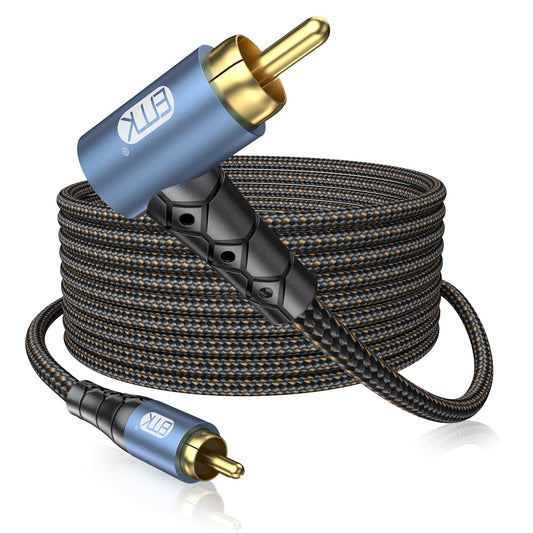 EMK RCA Subwoofer Cable 90 Degree RCA to RCA Audio Cable 24K Gold-Plated Nylon Braided Double Shielded Digital Analogue Supports Amplifiers,Home Theater,Hi-Fi Systems,Subwoofer(15ft/5m)