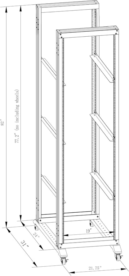 42U Server Rack/4-Post 19in Network Rack/Open Frame Rack with Wheels, Heavy-Duty Frame Cabinet/Adjustable Depth 24-22in GLOBALRACK，(4POST-800-42U)