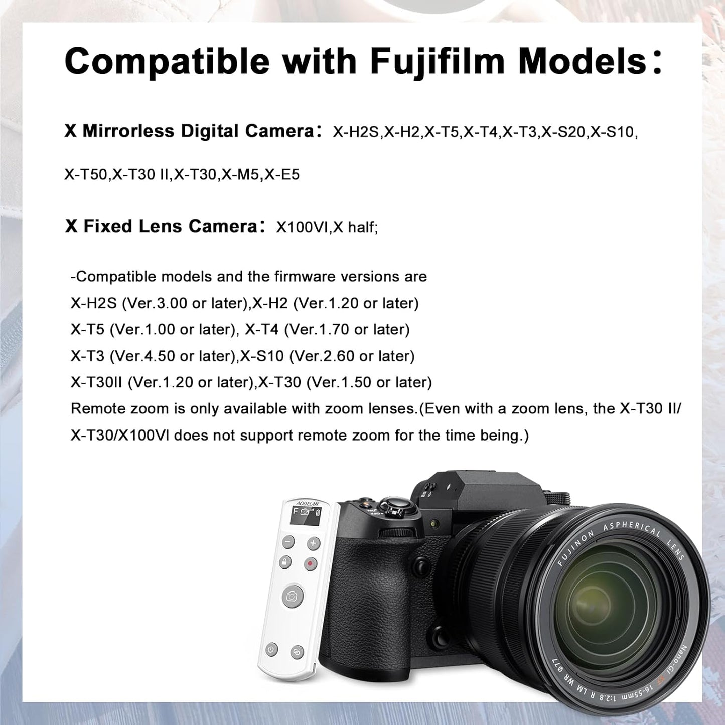 for Fujifilm Rechargeable Camera Remote Control Wireless Shutter Release Compatiable with Fuji X-T30 II, X-S10, X100VI, X-H2S, X-H2, X-T5, X-T4, X-T3, X-S20, X-T50, X-T30, X-M5, X-E5, X Half(White)