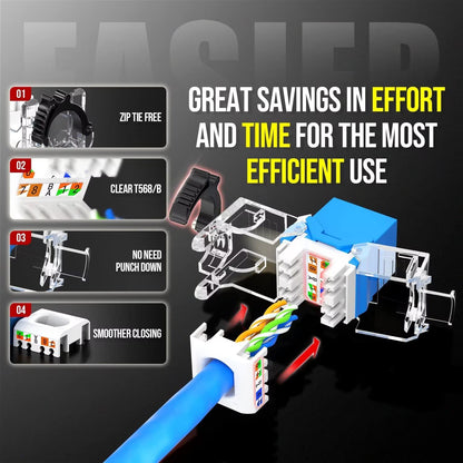 AMPCOM CAT6A UTP RJ45 Keystone Jack 50u Gold Plating Reusable Ethernet Wall Jack with Adjustable Ratchet Lock (No Tool and Zip Tie Required) - Blue (12-Pack)