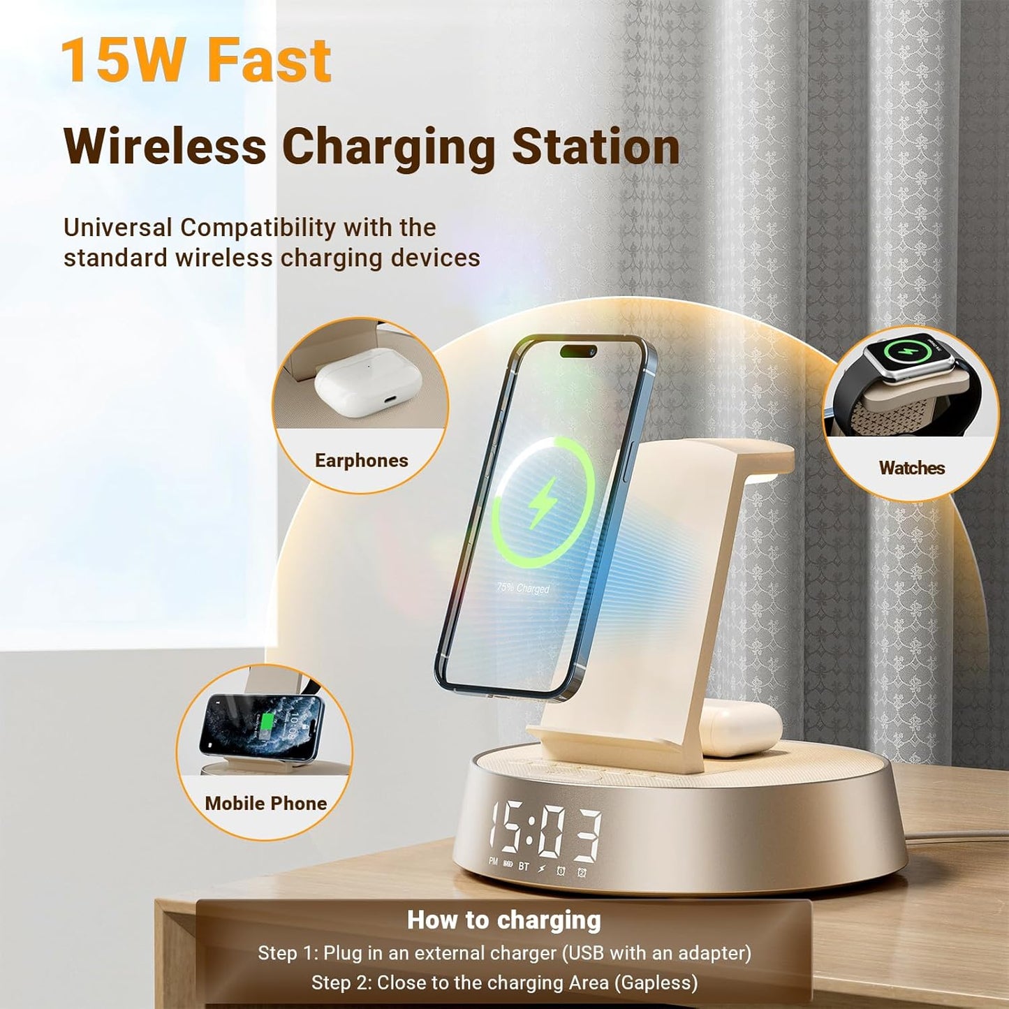 Alarm Clock with Wireless Charging Station, Clock for Bedroom with Dimmable Night Light Bluetooth Speaker, Wireless Charger Dock Station for iPhone 17 16 15 14 13 12 Pro Max, Apple Watch