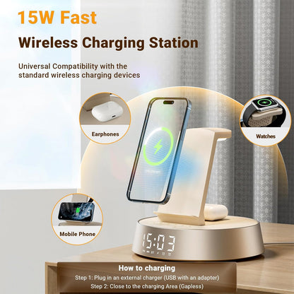 Alarm Clock with Wireless Charging Station, Clock for Bedroom with Dimmable Night Light Bluetooth Speaker, Wireless Charger Dock Station for iPhone 17 16 15 14 13 12 Pro Max, Apple Watch