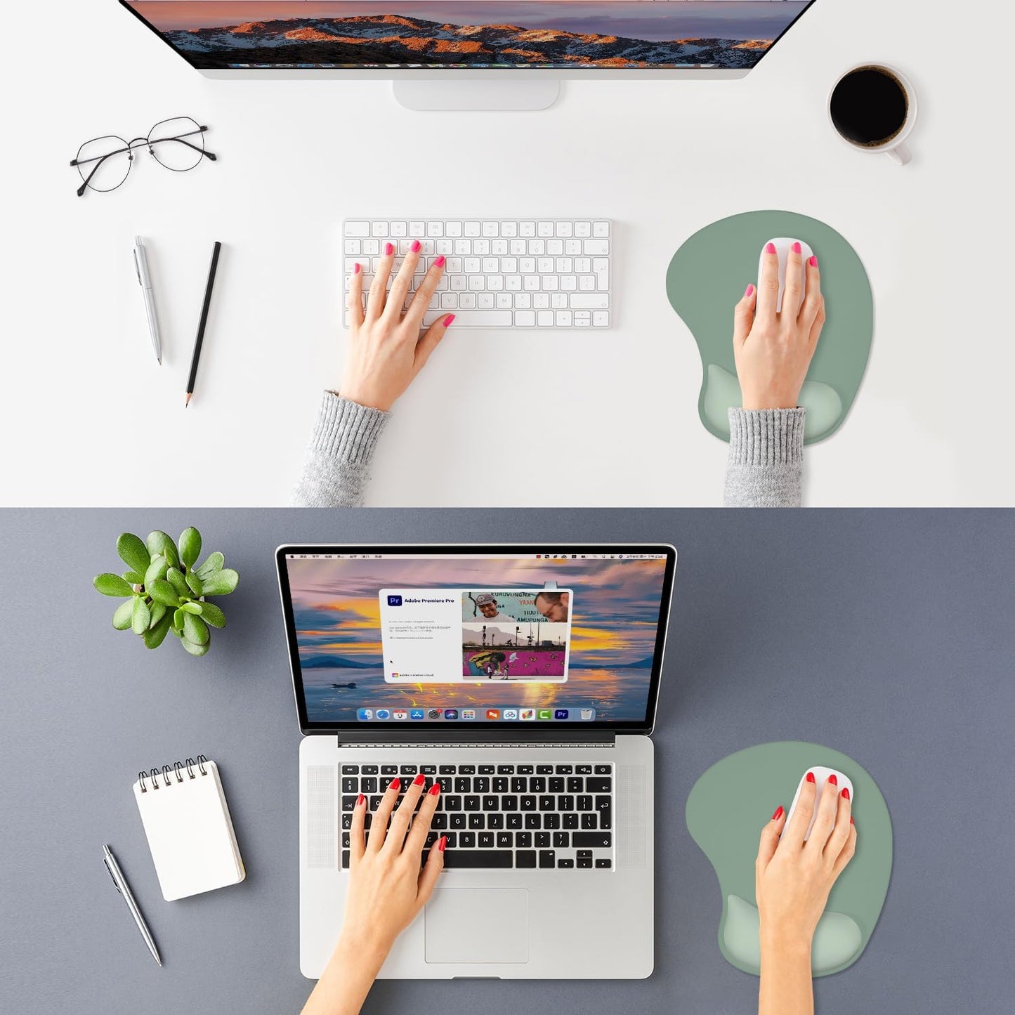 ITNRSIIET Ergonomic Mouse Pad, Cushioned Gel Wrist Rest, Non-Slip Base, Smooth Surface, Compatible with All Mice for Office & Gaming, Desk Accessory, 9.5 x 8.2 inch, Sage Mint Gradient