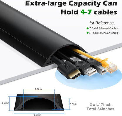 Cord Cover Floor 34in (2 x L17in), Large Capacity Floor Cable Cover, Hard PVC Cord Hider, Wire Cable Management Raceway, Black, Cord Cavity - 1.8"(W) x 0.6"(H)