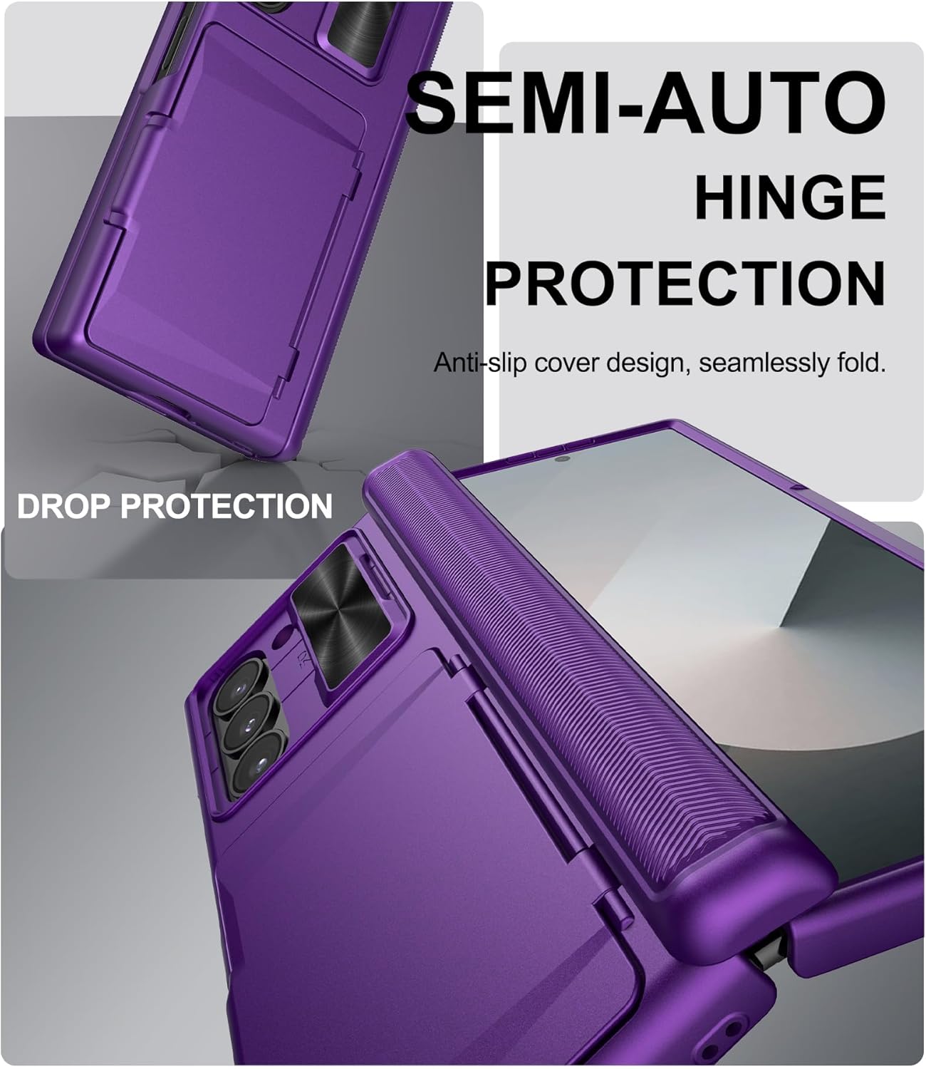 for Samsung Galaxy Z Fold 6 Case with Card Holder & Belt Clip & Slide Lens Cover, Built-in Hinge Protection & Screen Protector, Durable Wallet Phone Cover Case for Z Fold 6 5G 2024, Dark Purple