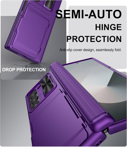 for Samsung Galaxy Z Fold 6 Case with Card Holder & Belt Clip & Slide Lens Cover, Built-in Hinge Protection & Screen Protector, Durable Wallet Phone Cover Case for Z Fold 6 5G 2024, Dark Purple