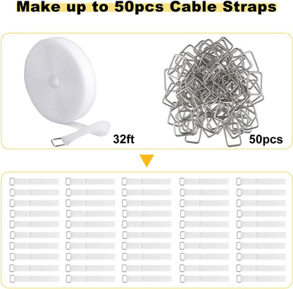1"x32ft Hook and Loop Straps with 50 Metal Buckles, Adjustable Fastening Cable Straps, Cut-to-Length Cinch Strap, Reusable Nylon Securing Cord Ties for Organizer or Storage, 1 inch Wide, White