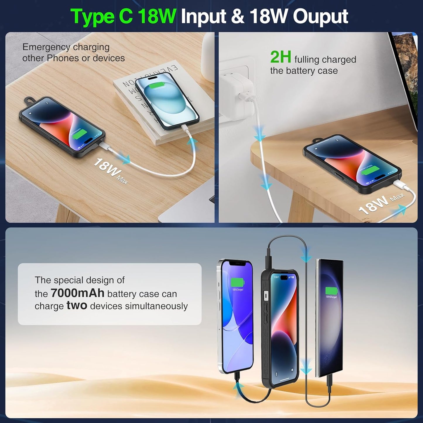 GIN FOXI Battery Case for iPhone 15/15 Pro, Built-in Cable 7000mAh Fast Charing Cases 15W Rechargeable Portable Extended Charger Case Cover for iPhone 15/15 Pro Charging Case, Black