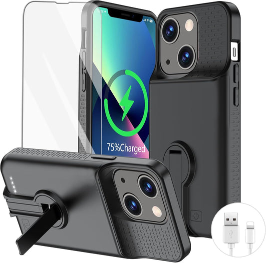Battery Case for iPhone 13/13 Pro/14/14 Pro Charging Case with Stand 7000mAh Rechargeable Ultra-Slim Anti-Fall Protection Extended Charger Cover for iPhone 14/14Pro/13/13 Pro Battery Case 6.1" Black
