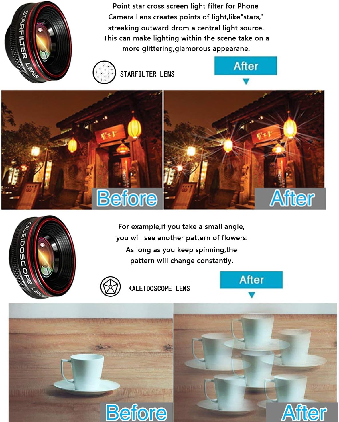 Phone Camera Lens Kit 10 in 1 for iPhone Samsung Pixel Android, 22X Telephoto Lens, 0.62X Super Wide Angle Lens&25X Macro Lens, 235° Fisheye,Kaleidoscopes, Starlight，Tripod，for Most Smartphone Black