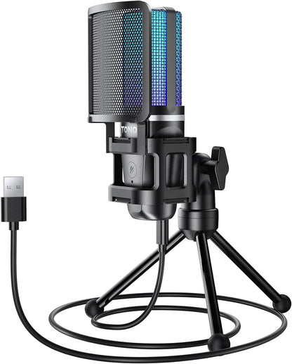 TONOR Gaming USB Microphone for PC, RGB Condenser Computer Mic with Tripod Stand, Quick Mute, Gain Control, for Gaming, Streaming, Podcasting, Recording, Cardioid Mic Kit for Laptop/PS4/PS5 TC777 Pro