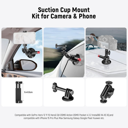 Neewer 3" Suction Cup Camera Mount Bracket with Ball Head Magic Arm, 1/4" ARRI Holes, Quick Release Car Mount with Phone Holder & Action Cam Adapter Compatible with iPhone DJI Insta360, CA104