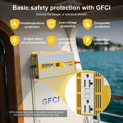 XWJNE 3000W Pure Sine Wave Power Inverter 12V DC to 120V GFCI AC Converter with LCD Display and Remote for Home, RV, Truck, Off-Grid Solar Power