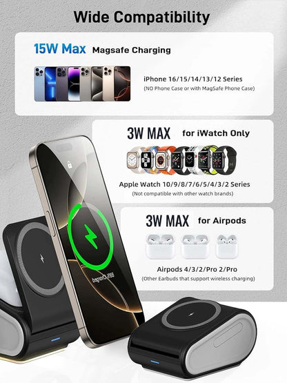 4 in 1 Wireless Charger for iPhone, Mag-Safe Charger for iPhone 16/15/14 Series, Airpods Pro 2, iWatch Series 10/9/8/7, Foldable Charging Station for Apple Multiple Devices