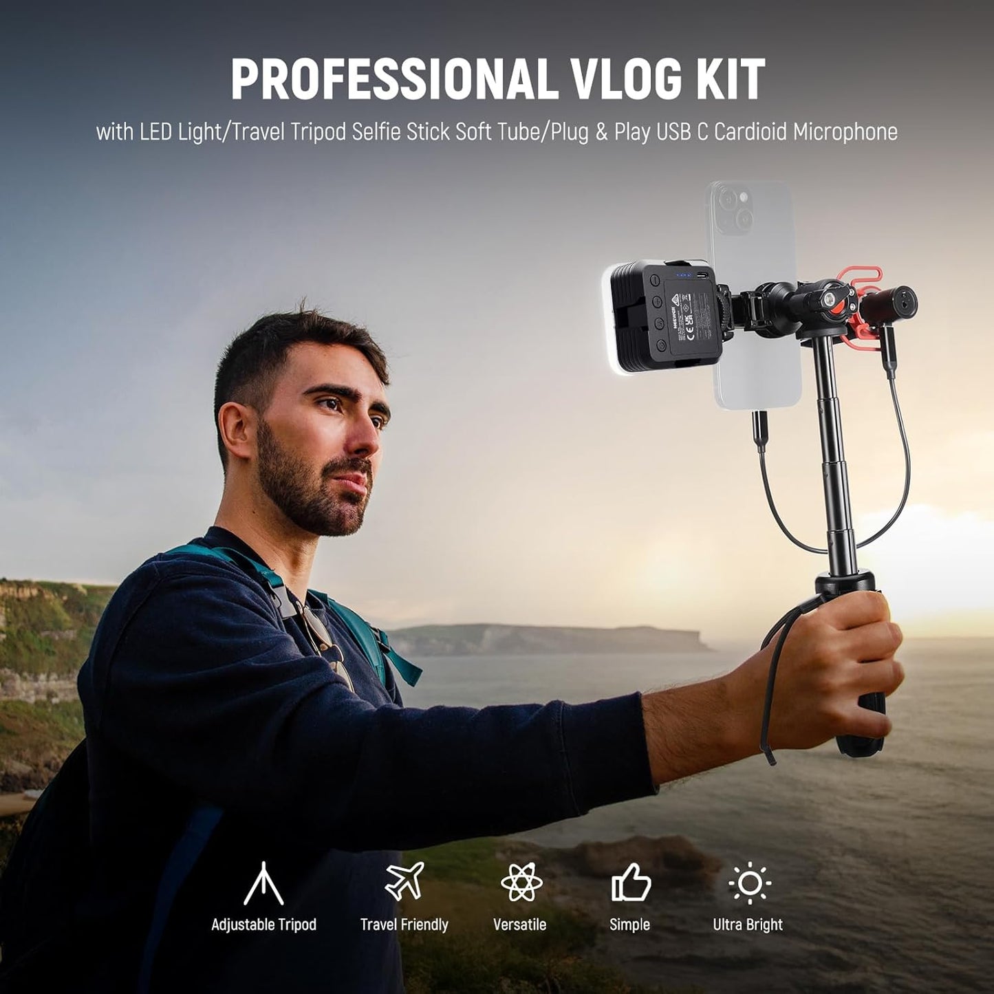 NEEWER Phone Vlogging Kit, Content Creator Essentials Kit for YouTube with LED Light, Selfie Stick Travel Tripod, Flexible Soft Tube, USB C Cardioid Microphone for iPhone, Android, Podcast, PA045