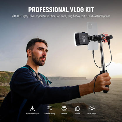 NEEWER Phone Vlogging Kit, Content Creator Essentials Kit for YouTube with LED Light, Selfie Stick Travel Tripod, Flexible Soft Tube, USB C Cardioid Microphone for iPhone, Android, Podcast, PA045