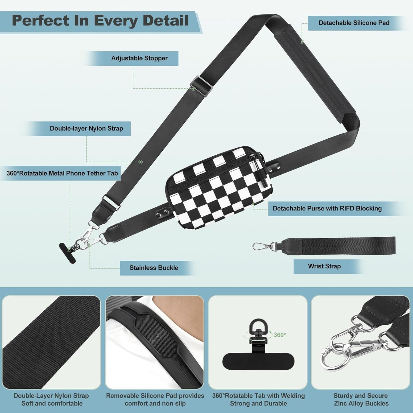 Clip and Go Strap for Phone with Wallet Crossbody, Adjustable Phone Lanyard with Detachable RFID Wristlet Wallet, Phone Strap with Phone Tabs for All Phones, Black Checkered (L)