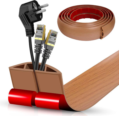 Floor Cord Cover Cavity 0.8"x0.37" Self Adhesive Cord Hider, 10FT Low Profile Cable Management, Extension Strip Protector for Wires, Prevent Cable Trips for Offices, Gyms, Exhibitions (Brown Wood)