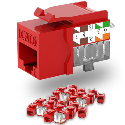 Keystone Jack Cat6 Slim (25 Pack), Keystone Jacks 90 Degree, RJ45 Keystone Jack Punch Down Red, Cat6 Jack compatiable for Network WallPlate or Patch Panels