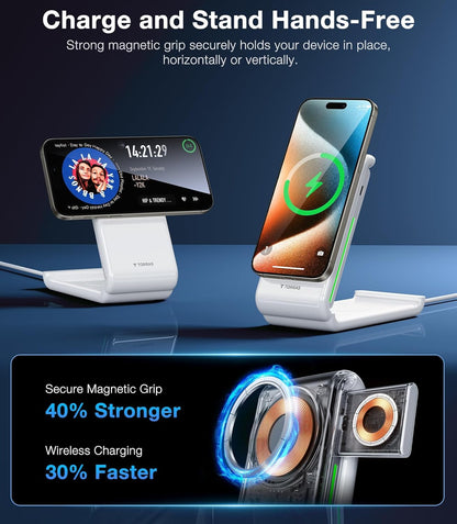 TORRAS 3 in 1 Charging Station with MagSafe Charger Stand, Cooling 15W Max Fast Charging, Foldable Wireless Charger for iPhone 15/14/13/12, Apple Watch S1-8/Ultra, AirPods(30W USB-C Charger Included)