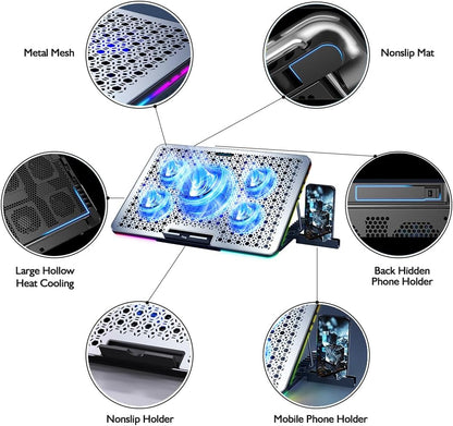 LIANGSTAR Laptop Cooling Pad, Laptop Cooler Gaming 5 Quiet Fans with Large Metal Plate for 12-17.3 Inch Fan Stable Stand, 4 Modes RGB Light, 7 Height & Adjust Speed, 2 USB Port & Phone Holder