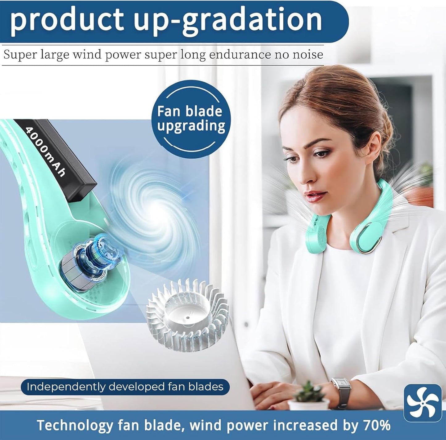 Portable Neck Fan, Neck Fans for Women, 4000 mAh Rechargeable Personal Fan,360° Hands Free Bladeless Fan, 3 Speeds Adjustable, Faster Cooling, Super Quiet, Suitable for Home, Office, Travel