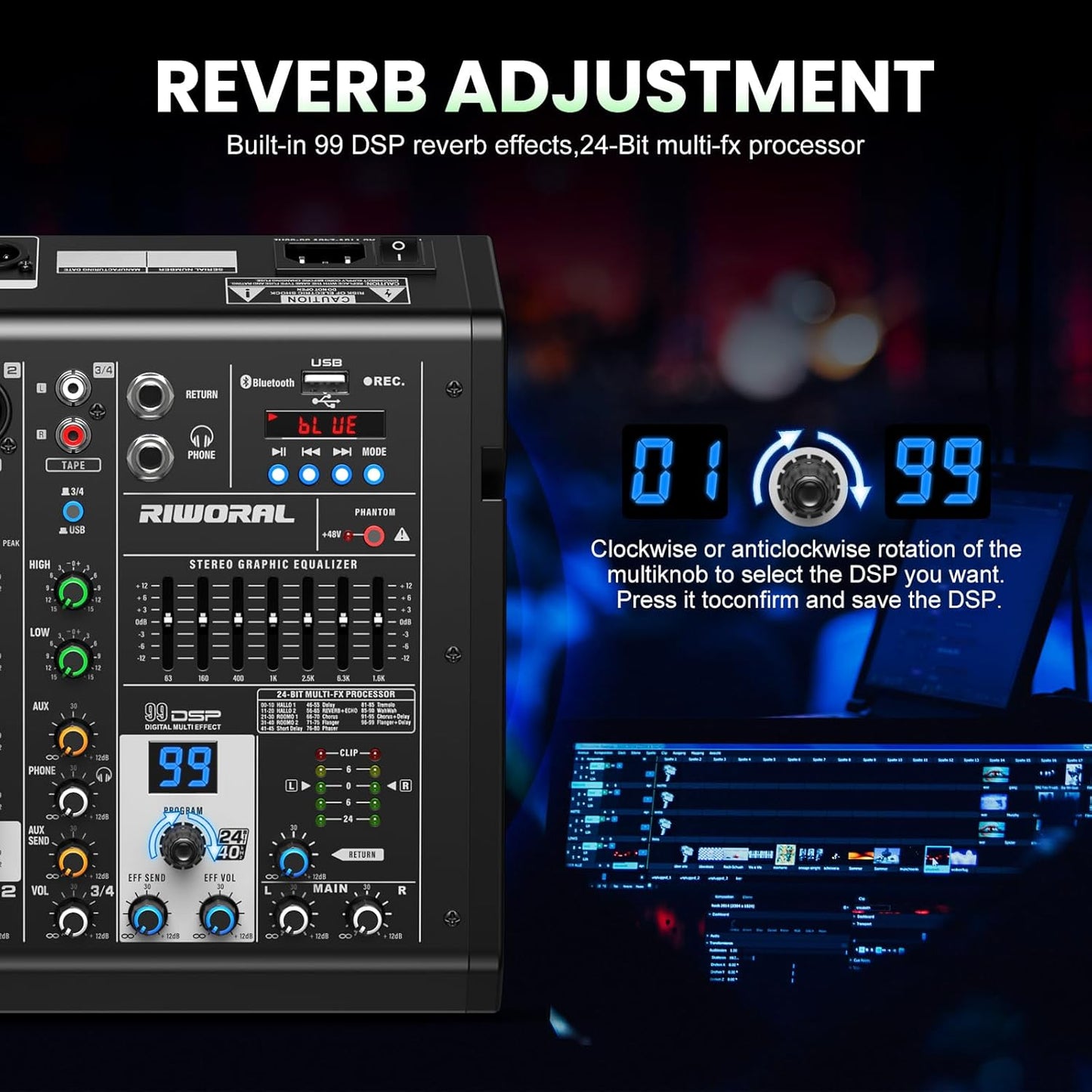 4 Channel Audio Interface DJ Mixer with 99 DSP Reverb Delay Effect USB Audio Interface +48V Phantom Bluetooth for Karaoke Studio Streaming Recording,Live Broadcasting,Podcasting