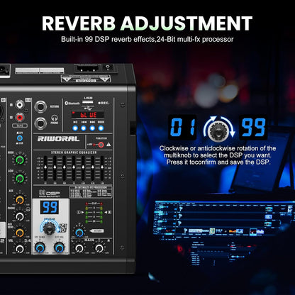 4 Channel Audio Interface DJ Mixer with 99 DSP Reverb Delay Effect USB Audio Interface +48V Phantom Bluetooth for Karaoke Studio Streaming Recording,Live Broadcasting,Podcasting