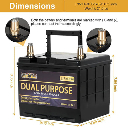 WEIZE 12V 105AH Dual Purpose LiFePO4 Lithium Battery, 1000CCA Group 31 Group 27 GC2 Starter Battery Plus Deep Cycle Performance, Built-in Smart BMS, Perfect for Automotive, Trolling Motor, Marine, RV