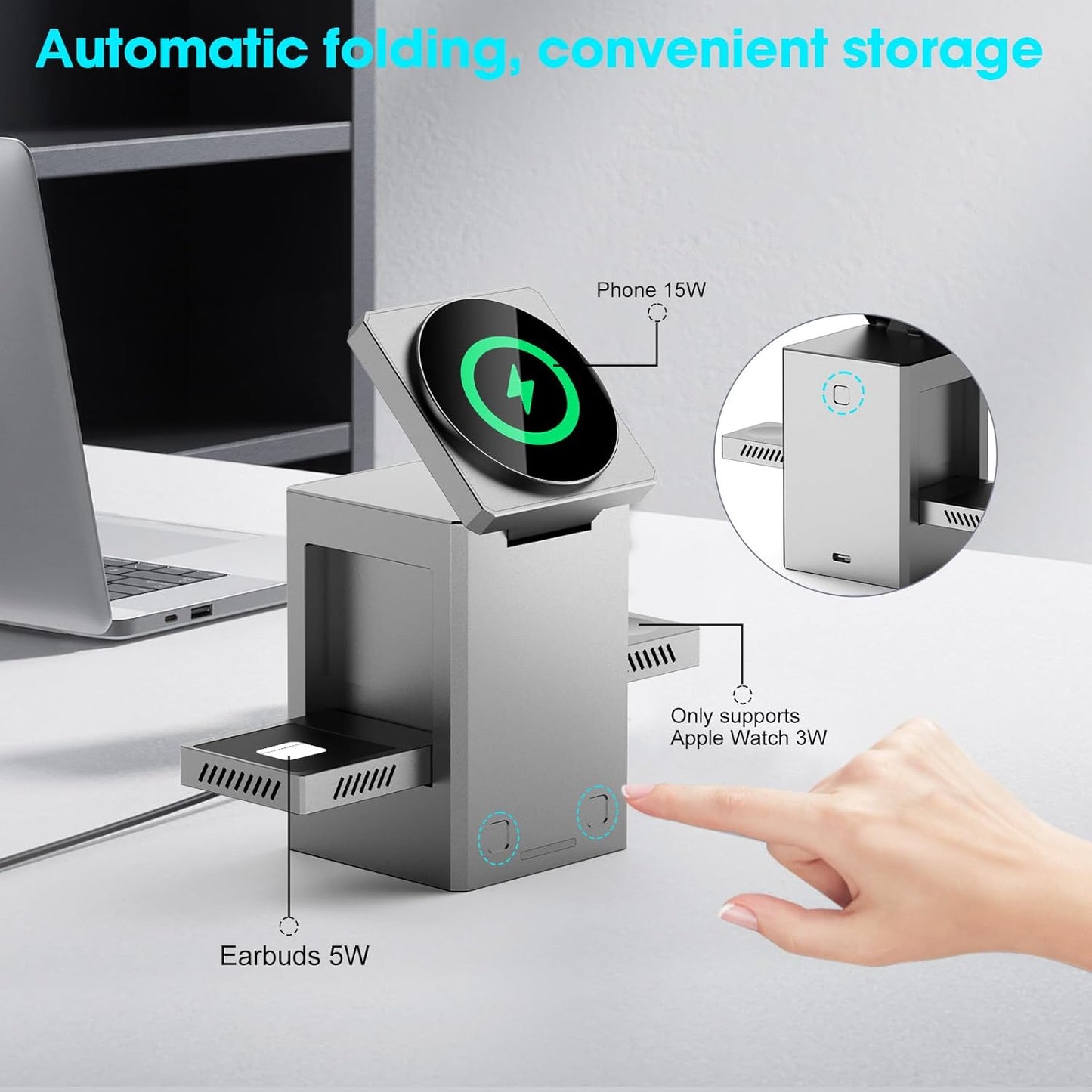 25W 3 in 1 Charging Station for Apple Devices,Auto Open/Close Mag-Safe Wireless Charging Stand Cube,Travel Wireless Charger Dock for iPhone 16/15/14Series & Apple Watch & AirPods (Metal Gray)